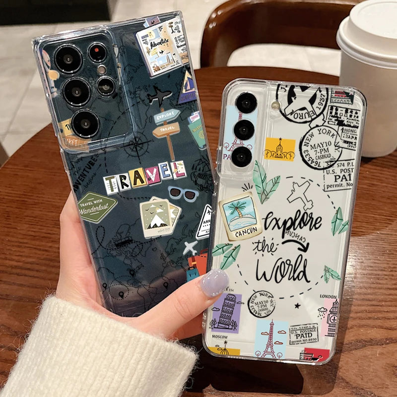 Airplane Travel Line Label Case For Samsung Galaxy S26 Ultra S25 FE S24 S23 S22 A54 A15 A35 A55 A16 A36 A56 A17 A37 A57 5G Cover