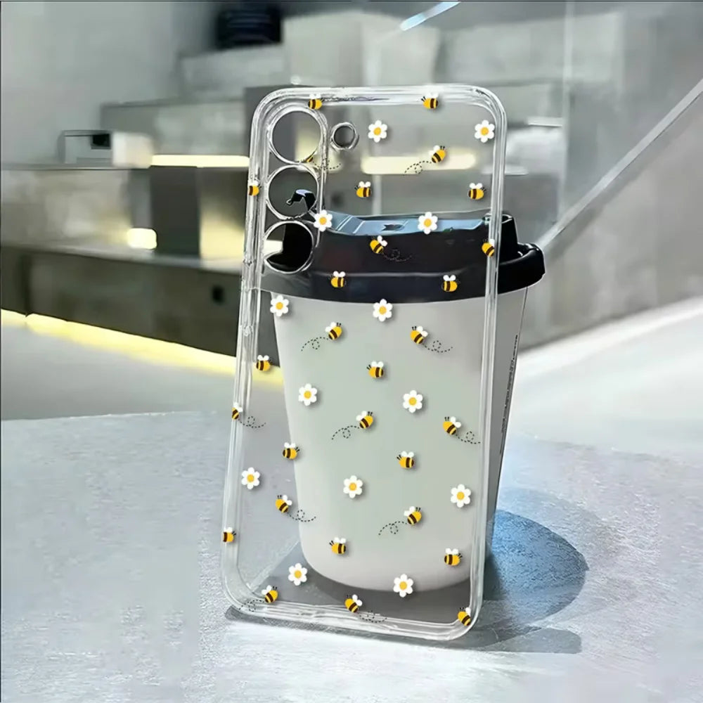 Bee White Flower Phone Case For Samsung Galaxy S26 S25 S24 S23 S22 S21 S20 5G Ultra Plus Edge FE 2022 Shockproof  Clear Cover