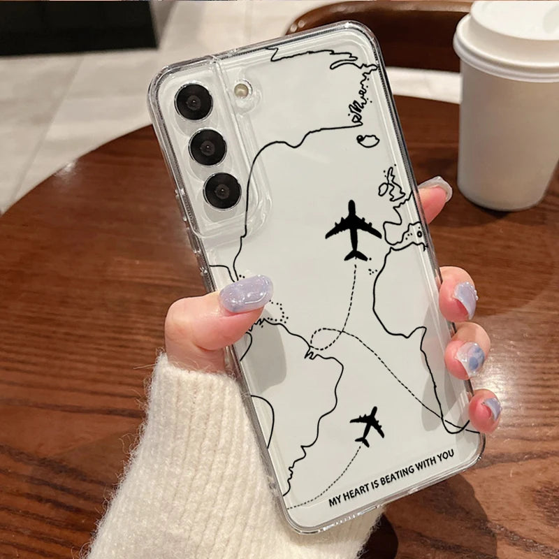 Airplane Travel Line Label Case For Samsung Galaxy S26 Ultra S25 FE S24 S23 S22 A54 A15 A35 A55 A16 A36 A56 A17 A37 A57 5G Cover