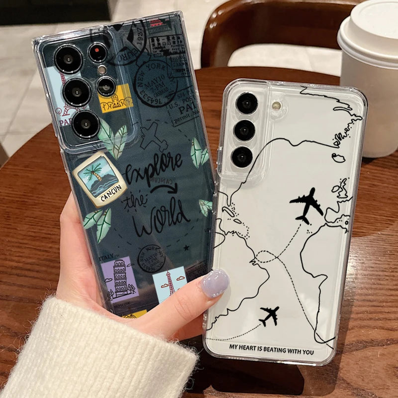Airplane Travel Line Label Case For Samsung Galaxy S26 Ultra S25 FE S24 S23 S22 A54 A15 A35 A55 A16 A36 A56 A17 A37 A57 5G Cover