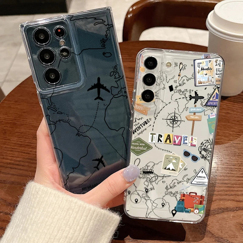 Airplane Travel Line Label Case For Samsung Galaxy S26 Ultra S25 FE S24 S23 S22 A54 A15 A35 A55 A16 A36 A56 A17 A37 A57 5G Cover