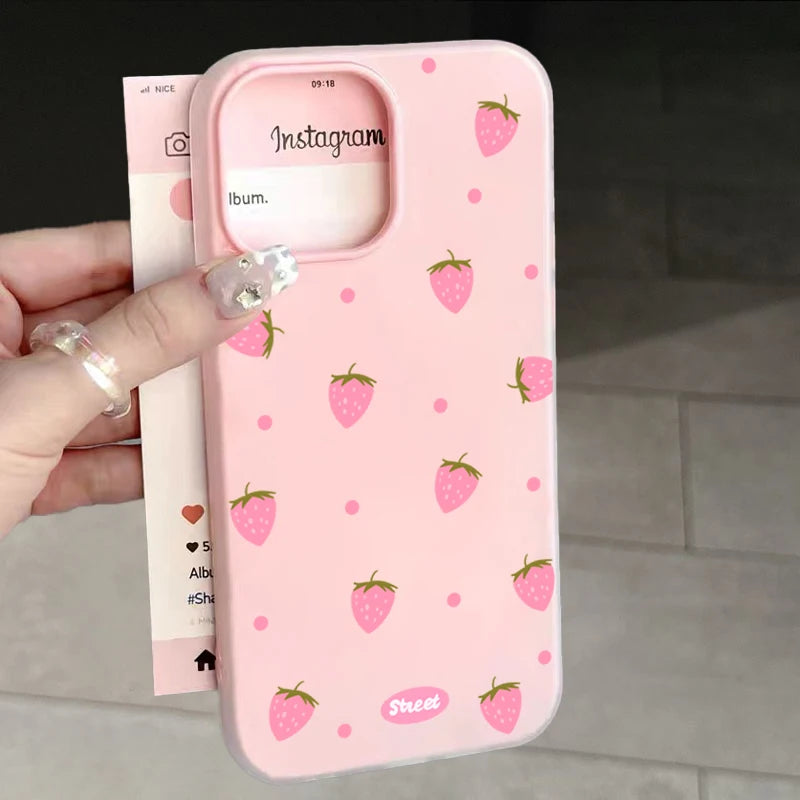 Sweet Pink Strawberry Pattern Phone Case For iPhone 17 11 12 13 14 15 16 Pro Max 17 Air 16E X XS 7 8 Plus 17Pro Shockproof Funda