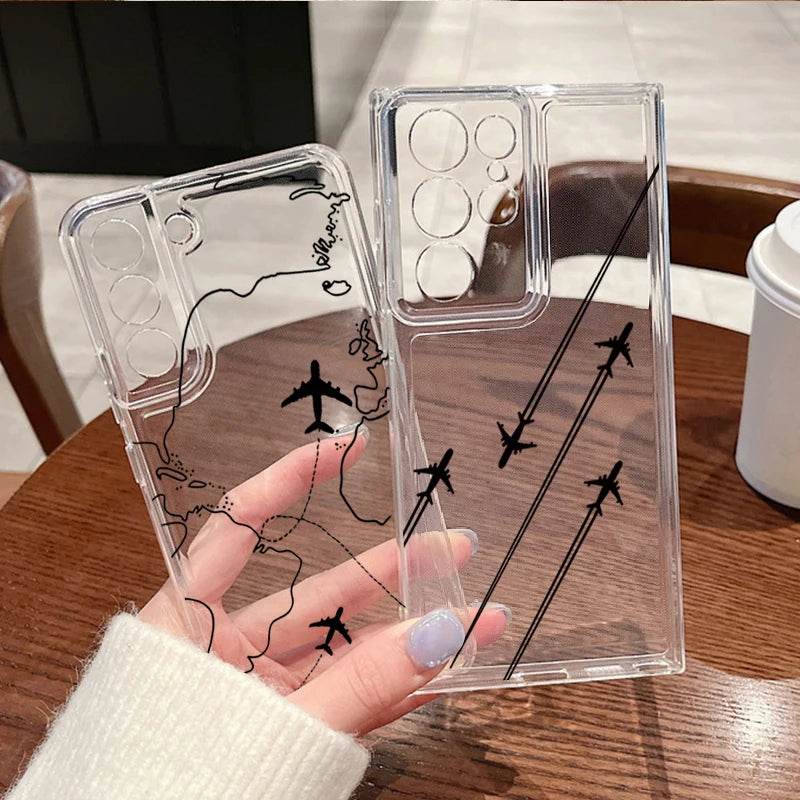 Airplane Travel Line Label Case For Samsung Galaxy S26 Ultra S25 FE S24 S23 S22 A54 A15 A35 A55 A16 A36 A56 A17 A37 A57 5G Cover