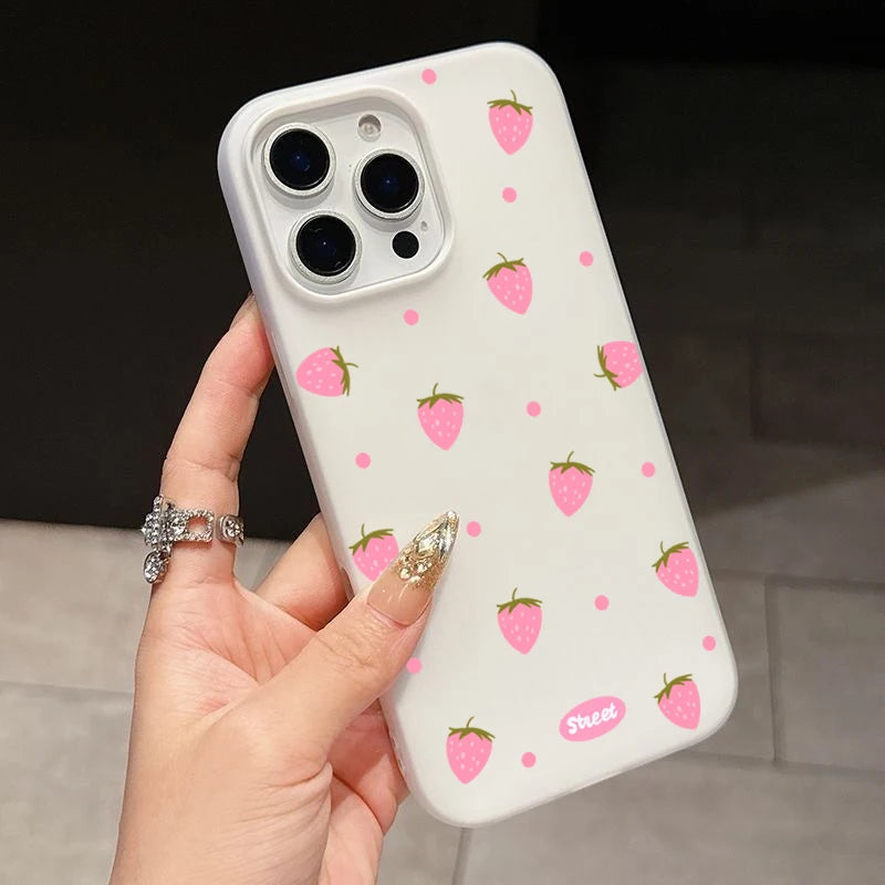 Sweet Pink Strawberry Pattern Phone Case For iPhone 17 11 12 13 14 15 16 Pro Max 17 Air 16E X XS 7 8 Plus 17Pro Shockproof Funda
