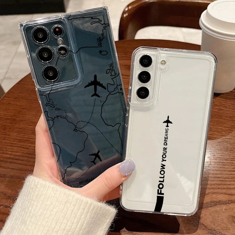 Airplane Travel Line Label Case For Samsung Galaxy S26 Ultra S25 FE S24 S23 S22 A54 A15 A35 A55 A16 A36 A56 A17 A37 A57 5G Cover