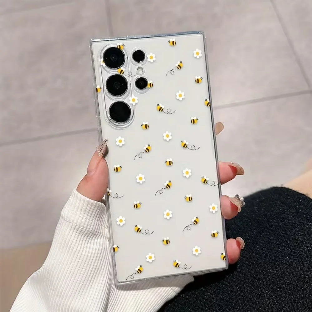 Bee White Flower Phone Case For Samsung Galaxy S26 S25 S24 S23 S22 S21 S20 5G Ultra Plus Edge FE 2022 Shockproof  Clear Cover